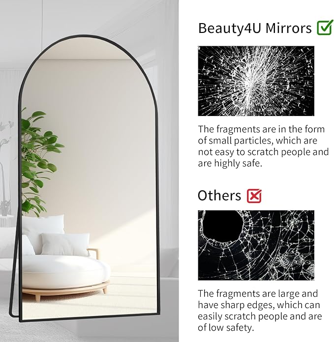 Beauty4U 76" x 34" Large Arched Full Length Mirror with Stand, Black Wall Mounting Full Body Tempered Mirror, Metal Frame Full-Length Mirror for Living Room, Bedroom