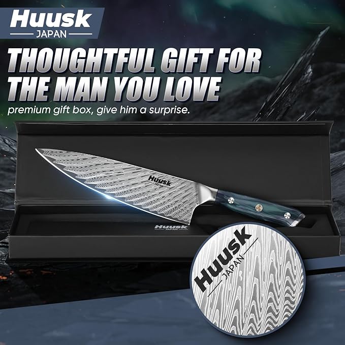 Huusk 8" Chef Knife, Stainless Japanese Kitchen Knife with Ergonomic Resin Handle & Sheath, Sharp Kitchen Knives Full Tang, Japanese High Carbon Steel Cooking Knifes, Father's Day Gifts for Dad