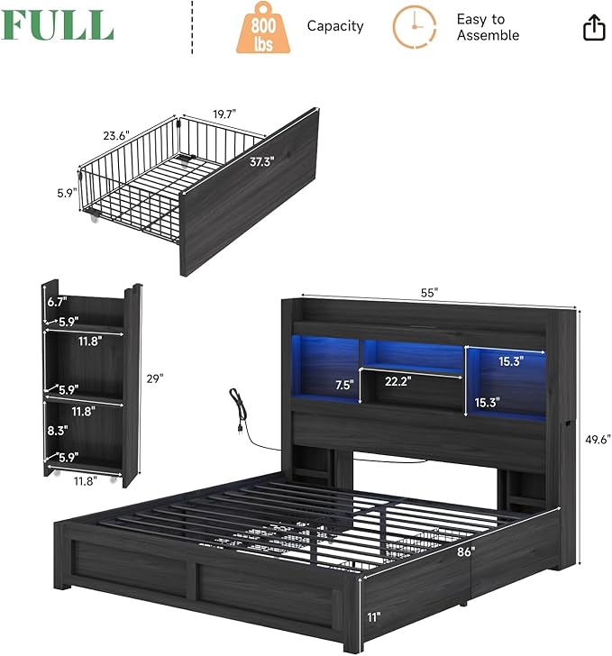 AMERLIFE Full Size Bed Frame with 4 Storage Drawers, LED Bed Frame with 49.6" Tall Bookcase Headboard, Wood Platform Bed with Charging Station & 2 Slide Bedside Shelf, No Box Spring Needed/Black
