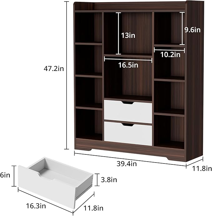 Cozy Castle Kids Bookshelf with Storage, Toy Storage Organizer with 2 Drawers and 10 Cubes 4-Tier Bookcase for Bedroom, Playroom, Hallway, Living Room(Brown & White)