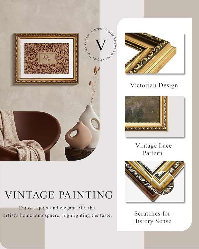 VIYYIEA Gold Framed Wall Art, Stamp Red Canvas Print Home Decor Vintage Art Painting Picture Bathroom Wall Decor, Collection Artwork for Living Room Bedroom Kitchen Office - 14L x 11W