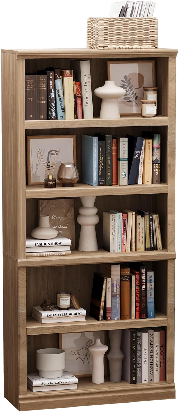 blini 5-Shelf Tall Bookcase Wooden Bookshelves 33in Wide Floor Standing Display Storage Book Shelves 70 in Oak Bookcase for Home Office, Living Room, Bed Room
