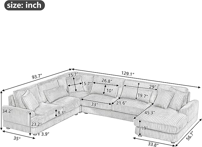 129" Sectional Sofa U Shaped Sofa Modern Couch Upholstered Couches with Chaise Lounge for Living Room, Brown