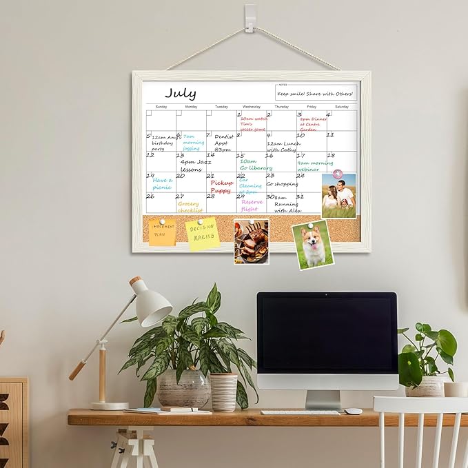 Calendar Whiteboard for Wall, 18x24 Inches Whiteboard Calendar Cork Board Combo, Magnetic Monthly White Board with Wood Framed, Hanging Dry Erase Board for Kitchen Home Office School Planner