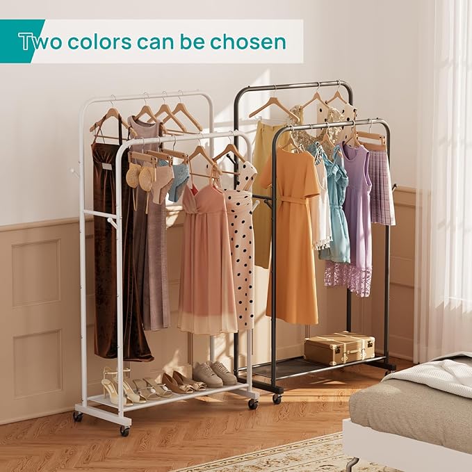 SINGAYE Clothes Rack Garment Clothing Hanger：Coat Rack Metal Double Bar Freestanding for Hanging Clothes Portable With Wheels Rolling Closet for Laundry Bedroom Drying Black