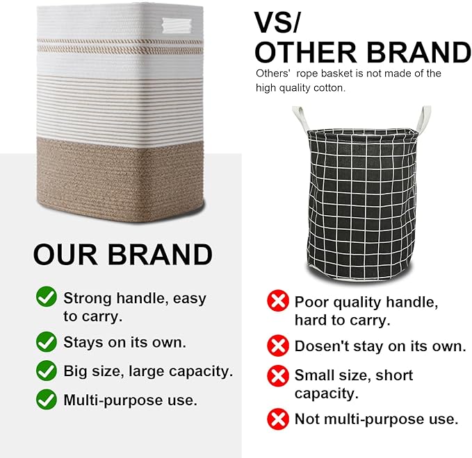 Laundry Hamper, Large Woven Rope Tall Laundry Basket with Handles, 22" X 17" X 13", Decorative Storage Basket for Clothes and Blankets in Living room, Bedroom, Brown Variegated