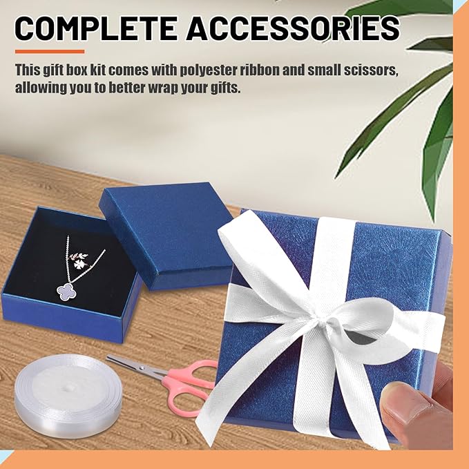 Tanstic 12Pcs Cardboard Jewelry Gift Boxes Kit, 3.5 x 3.5 x 1.2 Inch Navy Blue Gift Boxes Cardboard Jewelry Boxes with 74ft White Ribbon and Scissor for Rings, Necklaces, Earrings, Bracelets