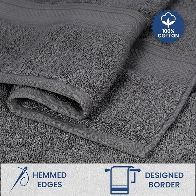 Casa Lino 100% Cotton Bath Towels Set of 4 (1 Bath Towel, 1 Hand Towel & 2 Wash Cloths) - Bathroom Towels and Washcloths Set - Complete Bathroom Set - Guest Room Essentials - (Charcoal Black)