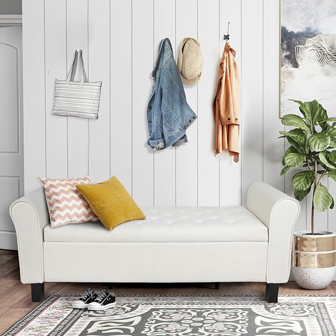 Storage Bedroom Bench for End of Bed, Upholstered Storage Ottoman with Rolled Arms for Bedroom,Living Room, Entryway.