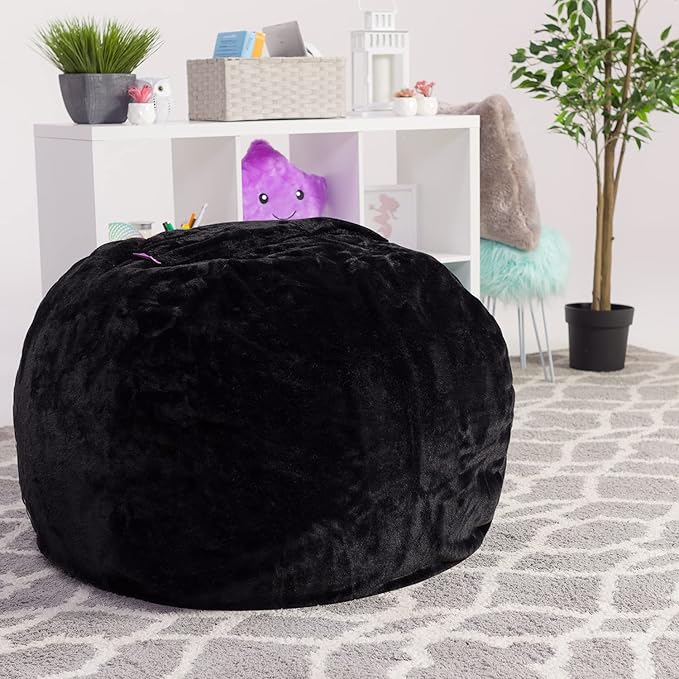 Posh Creations Bean Bag Chair for Kids, Teens, and Adults Includes Removable and Machine Washable Cover, Soft Faux Rabbit Fur - Black, 38in - Large