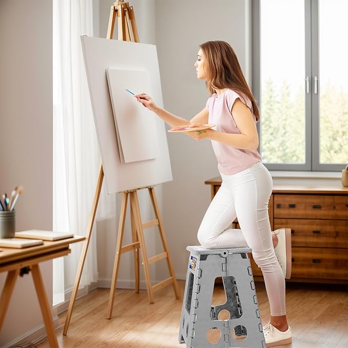 ACKO Folding Step Stool Foldable 17.5 Inch 400 lbs Capacity, Plastic Stools for Adults and Kids, Collapsible Stools for Kitchen, Stepping Stool with Handle(Grey)