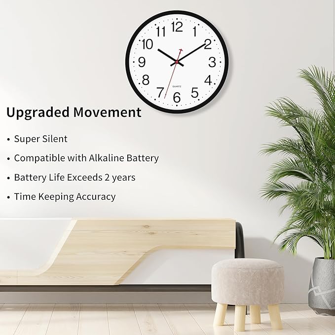 Foxtop 2 Pack Black Wall Clock, 12 Inch Silent Non Ticking Quartz Battery Operated Round Analog Wall Clock for Classroom School Office Living Room Bedroom Home