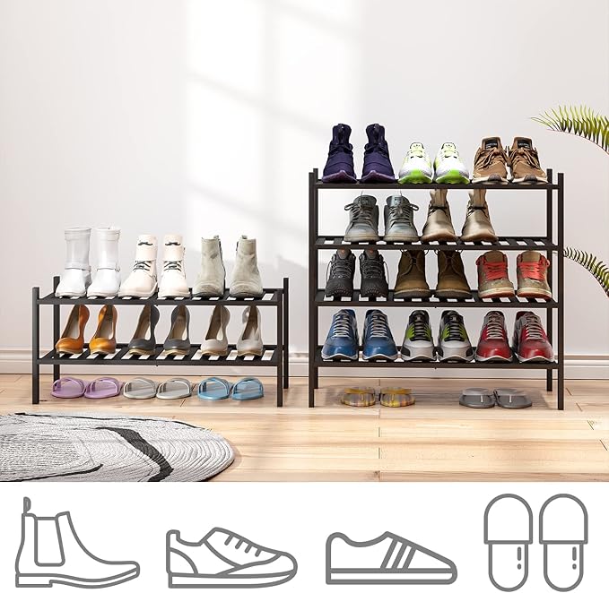 4-Tier Black Bamboo Shoe Rack for Entryway, Stackable | Foldable | Natural, Shoe Organizer for Hallway Closet, Free Standing Shoe Racks for Indoor Outdoor