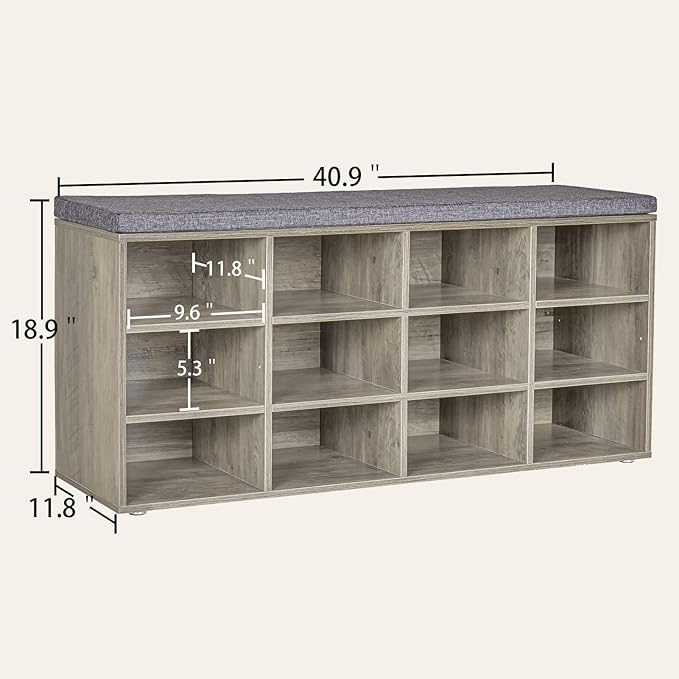 DINZI LVJ Shoe Bench, 12 Cubbies Shoe Organizer for Entryway, Storage Bench with Cushion, Cubby Shoe Rack with Adjustable Shelves for Living Room, Bedroom, Mudroom, Hallway, Gray Wash