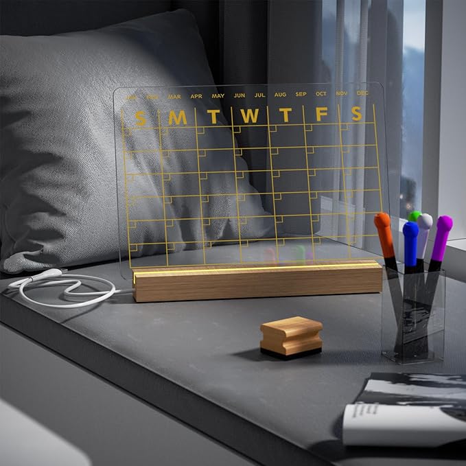 Light Up Clear Dry Erase Calendar 13 x 9 inch with 5 Markers, Acrylic Lighting Markable Calendar Board Agenda for Bedroom/Office/Home/Kitchen