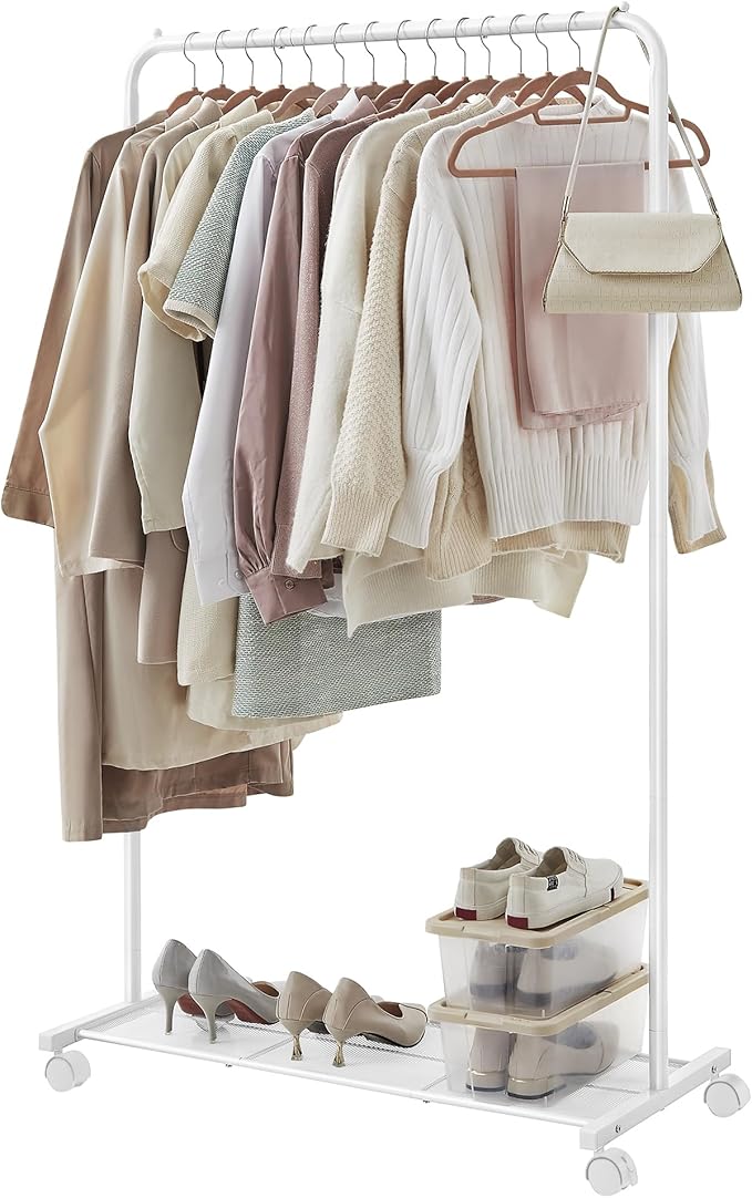 SONGMICS Clothes Rack with Wheels, Clothing Rack for Hanging Clothes, 25.4 mm Metal Garment Rack with Dense Mesh Storage Shelf, 110 lb Load Capacity, 2 Brakes, Cloud White UHSR025W01