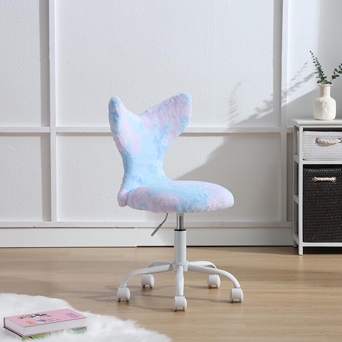 Fuzzy Desk Chair, Cute Swivel Children Desk Chair with Wheels for Kids Bedroom Upholstered Rolling Study Chair Adjustable Computer Chair Mermaid Back Vanity Chair for Teen Girls Boys, Blue Colorful