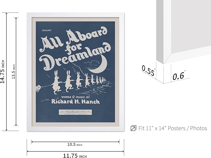 Poster Master All Aboard For Dreamland Poster - Retro Children's Lullaby Print - Story Book Art - Bunny Art - Rabbit Art - Aesthetic Art - Kid's Bedroom or Nursery Wall Decor, 11x14 White Framed
