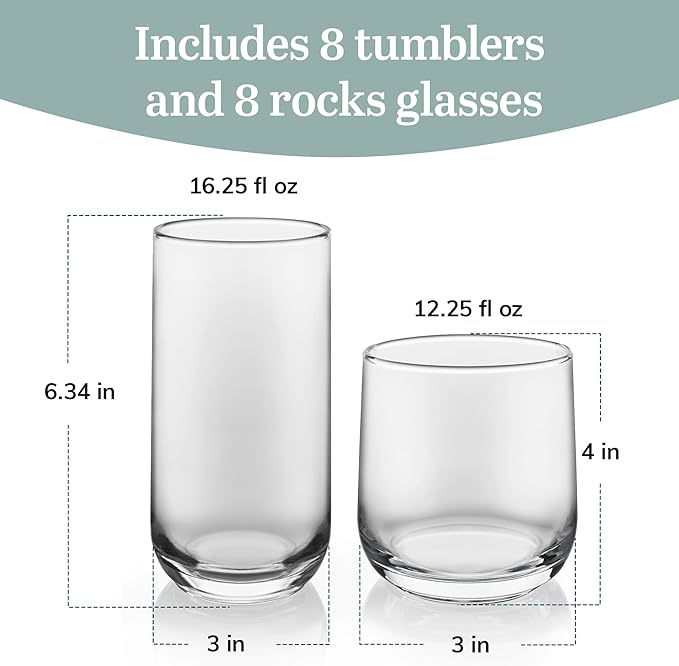 Libbey Ascent Tumbler and Rocks Drinking Glasses Set of 16, Glass Drinking Glasses with Curvature, Versatile Glassware Set for Parties and More