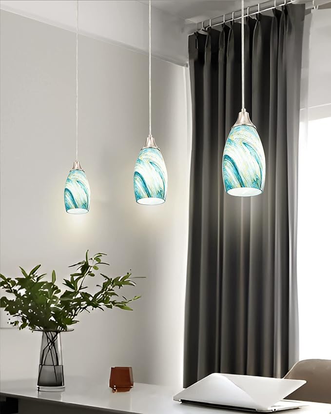 Art Glass Mini Pendant Lights for Kitchen Island Blown Art Glass Pendant Light Shade Hanging Ceiling Lights with Brushed Nickel Finish for Kitchen Counter bar,Dining Room Blue Mixing Yellow-1P