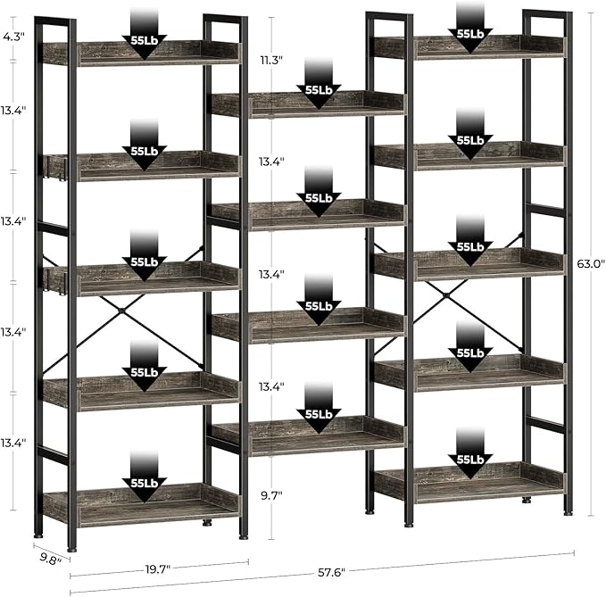 Rolanstar Bookshelf 5 Tiers, Triple Bookcase with Open Display Shelves, Industrial Wide Bookshelf with Metal Frame for Living Room, Office, Grey