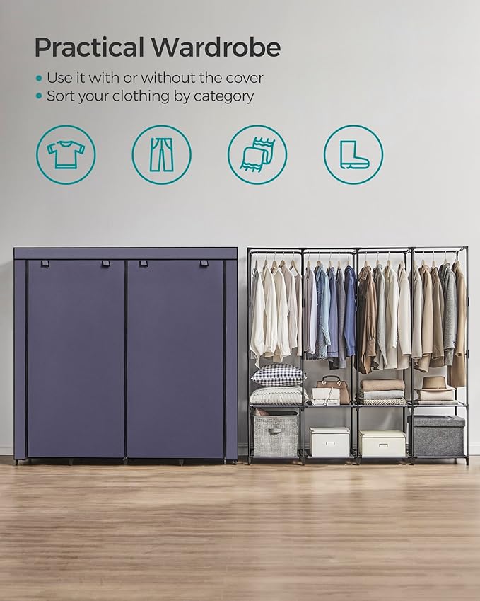 SONGMICS Portable Closet, Wardrobe Closet Organizer with Cover, 4 Hanging Rods and Shelves, 4 Side Pockets, 66.9 x 17.7 x 65.7 Inches, Large Capacity for Bedroom, Living Room, Dark Blue URYG094I02
