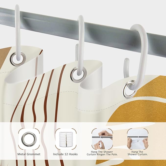 Glawry Boho Mid Century Shower Curtain Yellow Brown Abstract Tropical Palm Leaves Sun Bathroom Minimalist Geometric Arch Retro Plant 60Wx72L Inches Bath Accessories Art Home Decor Fabric 12 Pack Hooks