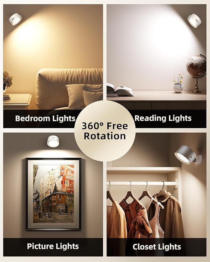 LED Wall Mounted Lights, Rechargeable Wall Sconces Lamp, 3 Color Temps & Remote and Touch, 360°Rotation Dimmable Cordless Wall Light for Study Bedroom Reading Bedside(White, 2 Pack)