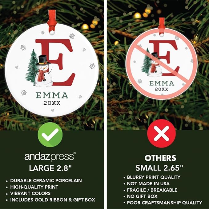 Andaz Press Personalized Christmas Ornament, Custom Name, Initial E Monogram Snowman 2.8" Ceramic Porcelain 2025 Christmas Ornament Keepsake for Kids, Boys, Girls, 1-Pack Initial Ornaments