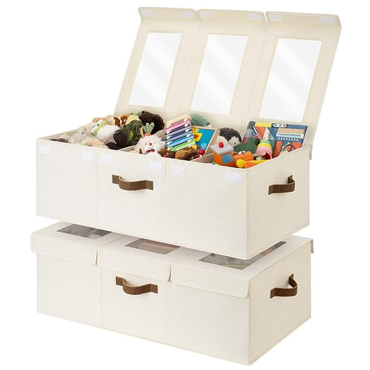 StorageWorks Large Toy Storage Bins with Lids, Collapsible Sturdy Toy Chests, Storage Chests with Dividers for Nursery, Living Room, Playroom, Bedroom, Beige, 2-Pack