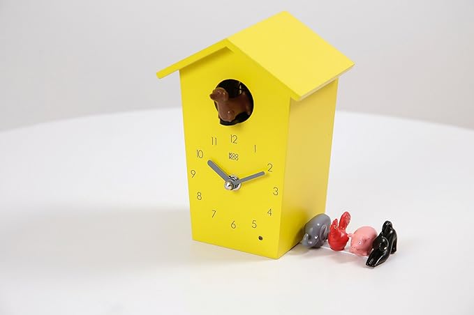 KOOKOO AnimalHouse Yellow, Small Cuckoo Clock with 5 Farm Animals Sounds (Natural Field Recordings)
