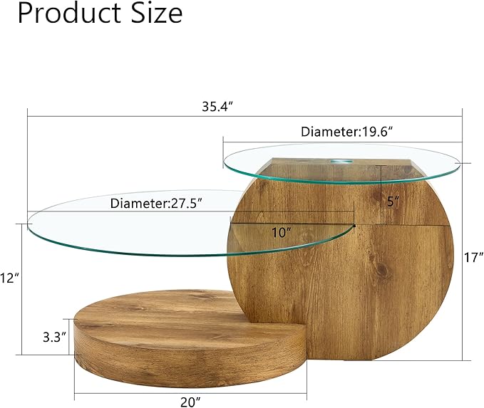 Glass Coffee Table, Modern Round Glass Coffee Table with Wooden Base, 3 Tier Round Coffee Table, Clear Cocktail Table with Storage for Living Room, Office, Balcony, Wood
