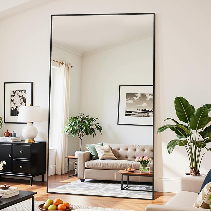 Full Length Mirror, 86"x46" Oversized Floor Mirror Freestanding, Full Body Mirror Floor Standing Mirrors with Stand, Hanging Mounted Mirrors for Bedroom Living Room, Black, Rect Style