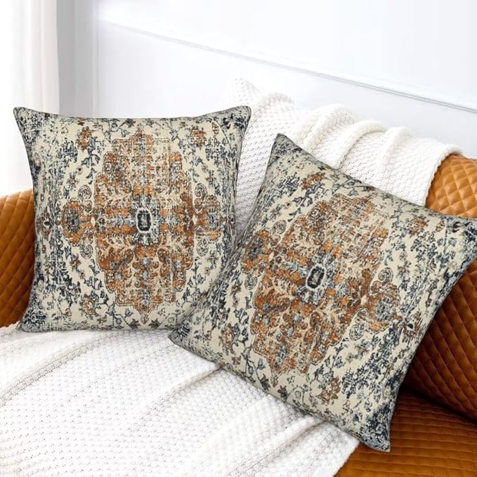 Boho Throw Pillow Covers 24x24 Set of 2, Ethnic Carpet Pattern Pillow Covers Gold Blue Rustic Farmhouse Cushion Cases Linen Decorative Gifts for Couch Sofa Indoor Outdoor