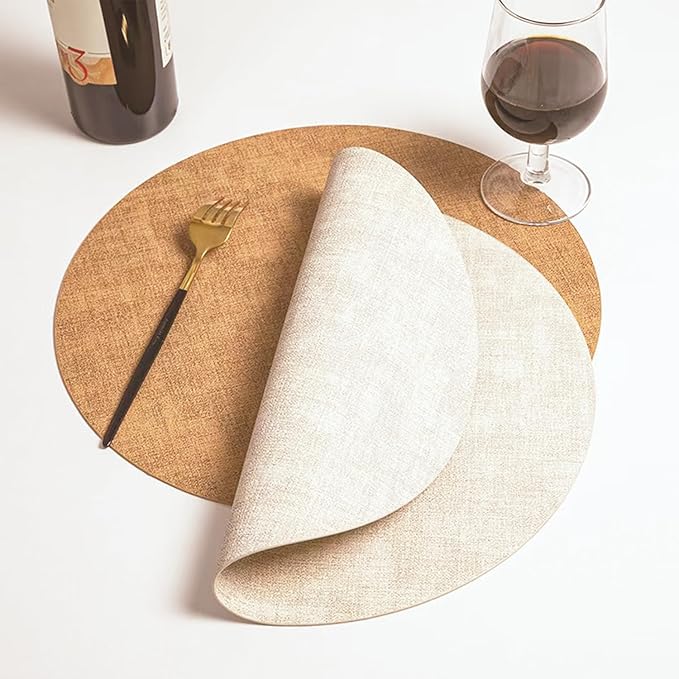 Round Placemats Set of 8, Reversible Faux Leather Waterproof and Heat Resistant Place Mats, Beige Oilproof Wipeable Washable Table Protective Placemats for Indoor & Outdoor