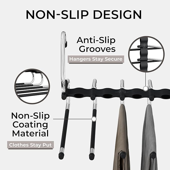 MORALVE Pants Hangers Space Saving - 2 Pack - Non-Slip Multi-Layer Space Saving Hangers - Multifunctional Clothing Rack for Closet Storage - Ideal for Jeans, Trousers, Skirts, Scarves & Slacks (Black)
