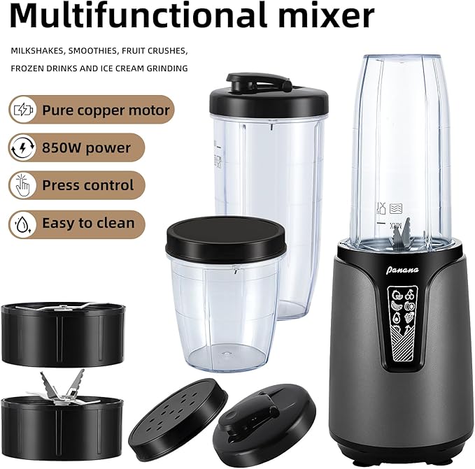 Panana Blender for Smoothies, 850W Portable Personal Blender and Grinder Combo with 2x20oz Portable Smoothie Cups with To-Go Lids 6.8oz Coffee Cup,Stainless Steel