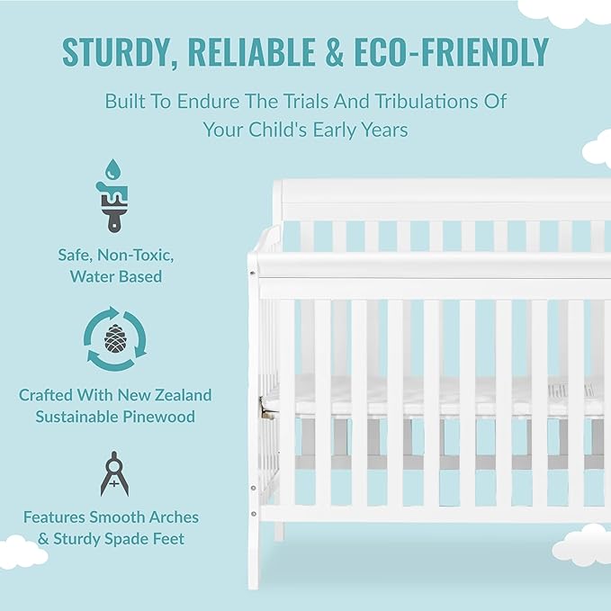Dream On Me Jayden 4‑in‑1 Mini Convertible Baby Crib & Changer with Storage in White, Pinewood, GreenGuard Gold & JPMA, 1” Mattress Pad, 3 Mattress Heights, Converts to Mini Day & Twin-Size Bed