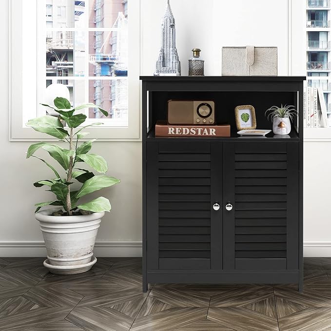 GLACER Bathroom Floor Cabinet, Wooden Storage Cabinet with Double Shutter Doors & 3-Position Adjustable Shelf, Side Storage Organizer, 23.5 x 12 x 31.5 inches (Black)