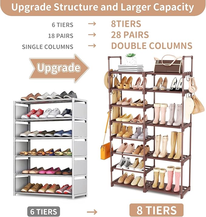 ROJASOP Shoe Rack Organizer, 8-Tier Metal Shoe Rack for Closet Entryway Garage, 26-32 Pairs Tall Shoe Boot Storage Shelf with 15 Hooks, Stackable Large Shoe Stand, Brown