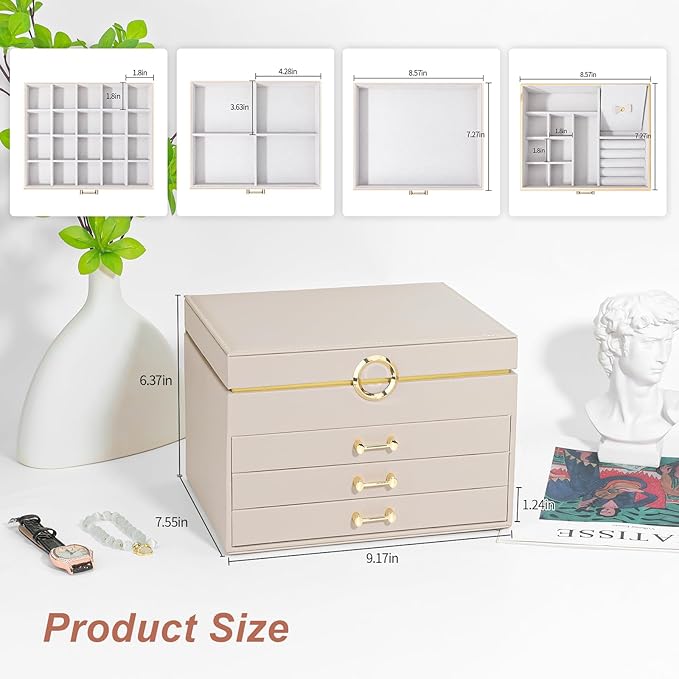 Jewelry Box Organizer for Women Girls, 4-Layer Large Jewelry boxes with 3 Drawers Jewelry Storage Case for Earrings Bracelets Necklaces