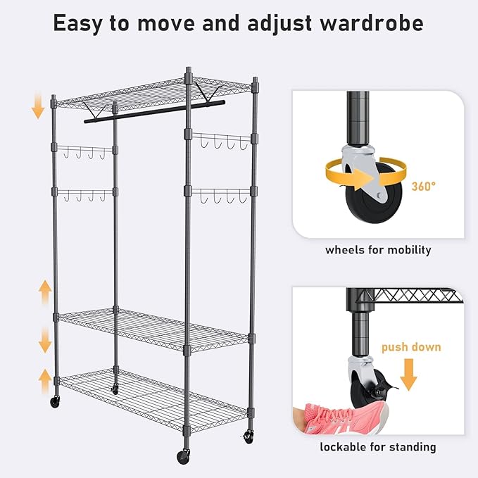 Heavy Duty Clothes Rack, Adjustable Rolling Garment Rack with Shelves, Freestanding Wardrobe Rack 1 Clothes Hanging Bar, 3 tired Wire Shelving, 4 Hanger Hooks - Hold Up to 400Lbs (Black, 1Rod 4Hook)