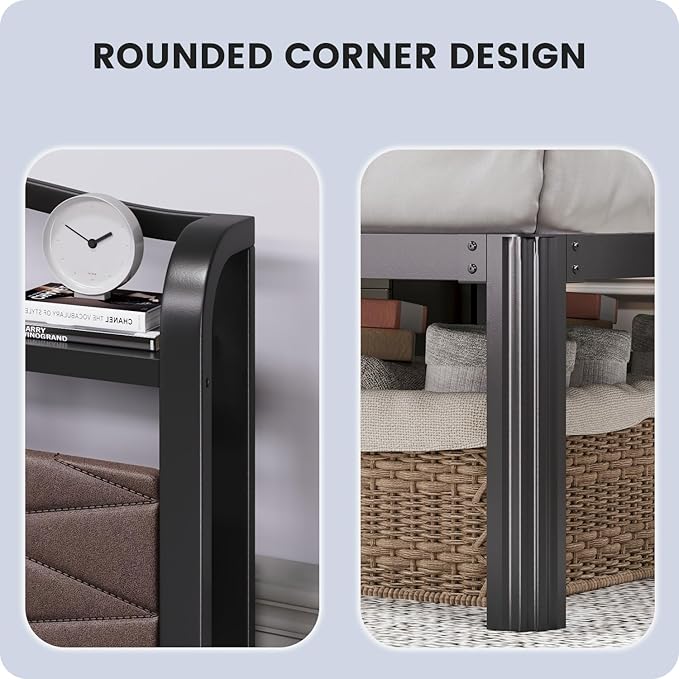 Queen Size Bed Frame - Storage Headboard with Charging Station & Galaxy Aurora Projector, 14 Inch Sturdy Metal Platform Bed Frame No Box Spring Needed, Easy Assembly, No Noise, Brown