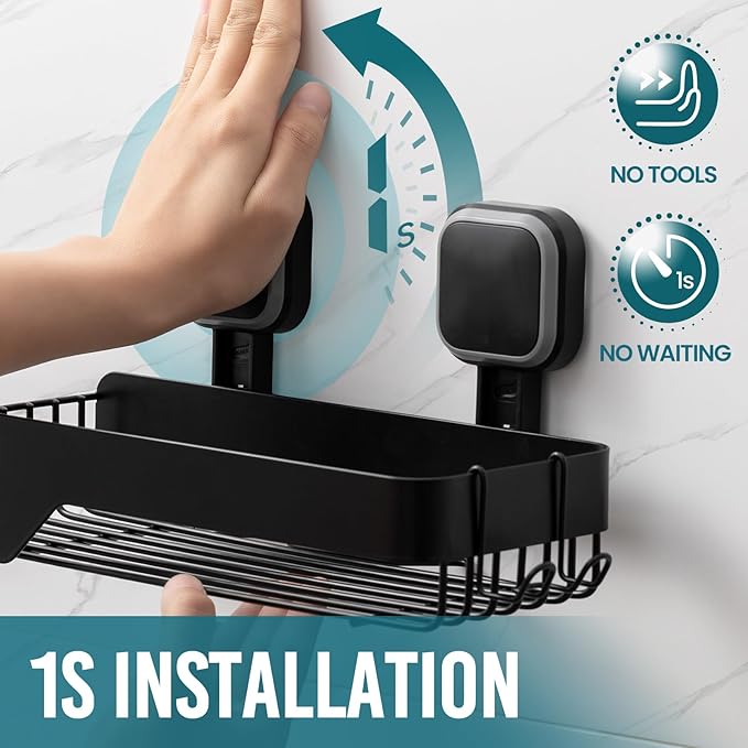 TAILI Shower Caddy Suction Cup 2 Pack,Stainless Steel Rustproof Shower Shelves,No Drilling Wall Mounted Basket,Large Capacity,Removable Suction Cup Bathroom Organizers & Home Decor,Black