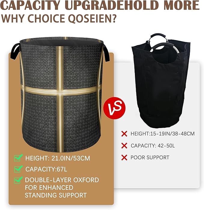 Large Laundry Basket,Black Basketball Collapsible Laundry Baskets,Golden Lines Waterproof Oxford Hamper with Handles for Bathroom Bedroom Nursery Home Storage 16"x20"