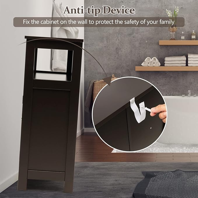 COSTWAY Bathroom Storage Cabinet, Wooden Side Storage Organizer with Louver Doors & Removable Shelf, Freestanding Floor Cabinet for Living Room, Kitchen, Entryway (Brown)