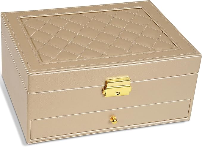 Jewelry Box for Women Girl Wife - Large PU Leather Jewelry Organizer Storage Case with Two Layers Display for Earrings Bracelets Rings Watches (Champagne)