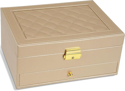 Jewelry Box for Women Girl Wife - Large PU Leather Jewelry Organizer Storage Case with Two Layers Display for Earrings Bracelets Rings Watches (Champagne)