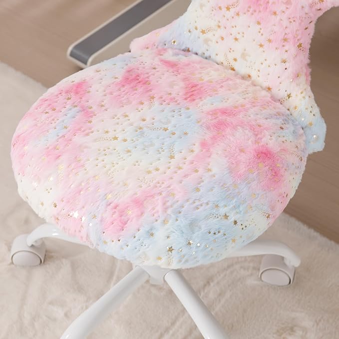 Fuzzy Desk Chair, Cute Swivel Children Desk Chair with Wheels for Kids Bedroom Upholstered Rolling Study Chair Adjustable Computer Chair Mermaid Back Vanity Chair for Teen Girls Boys, Star Colorful