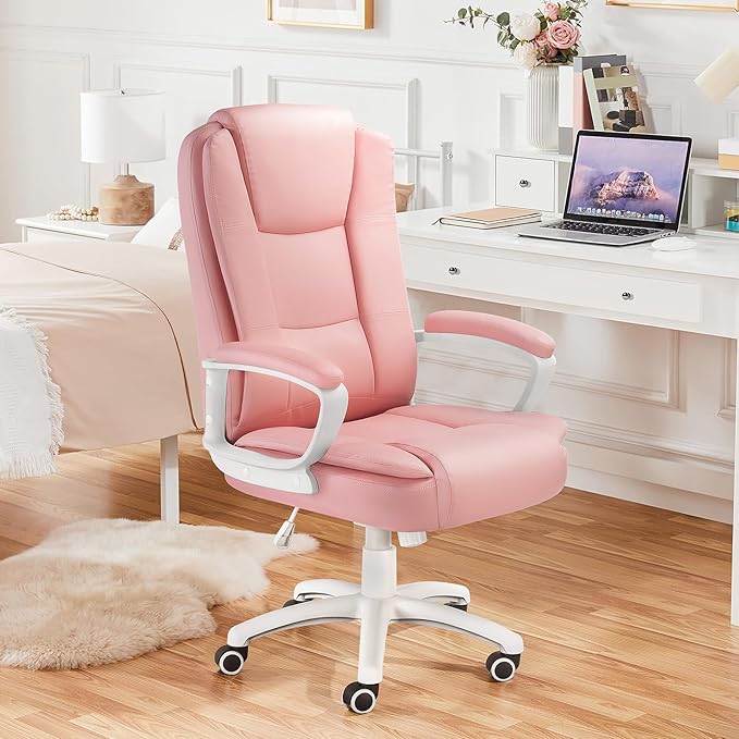 LEMBERI Pink Office Desk Chair, Big and Tall Managerial Executive Chair, High Back Computer Chair, Ergonomic Adjustable Height PU Leather Chairs with Cushions Armrest for Long Time Sitting